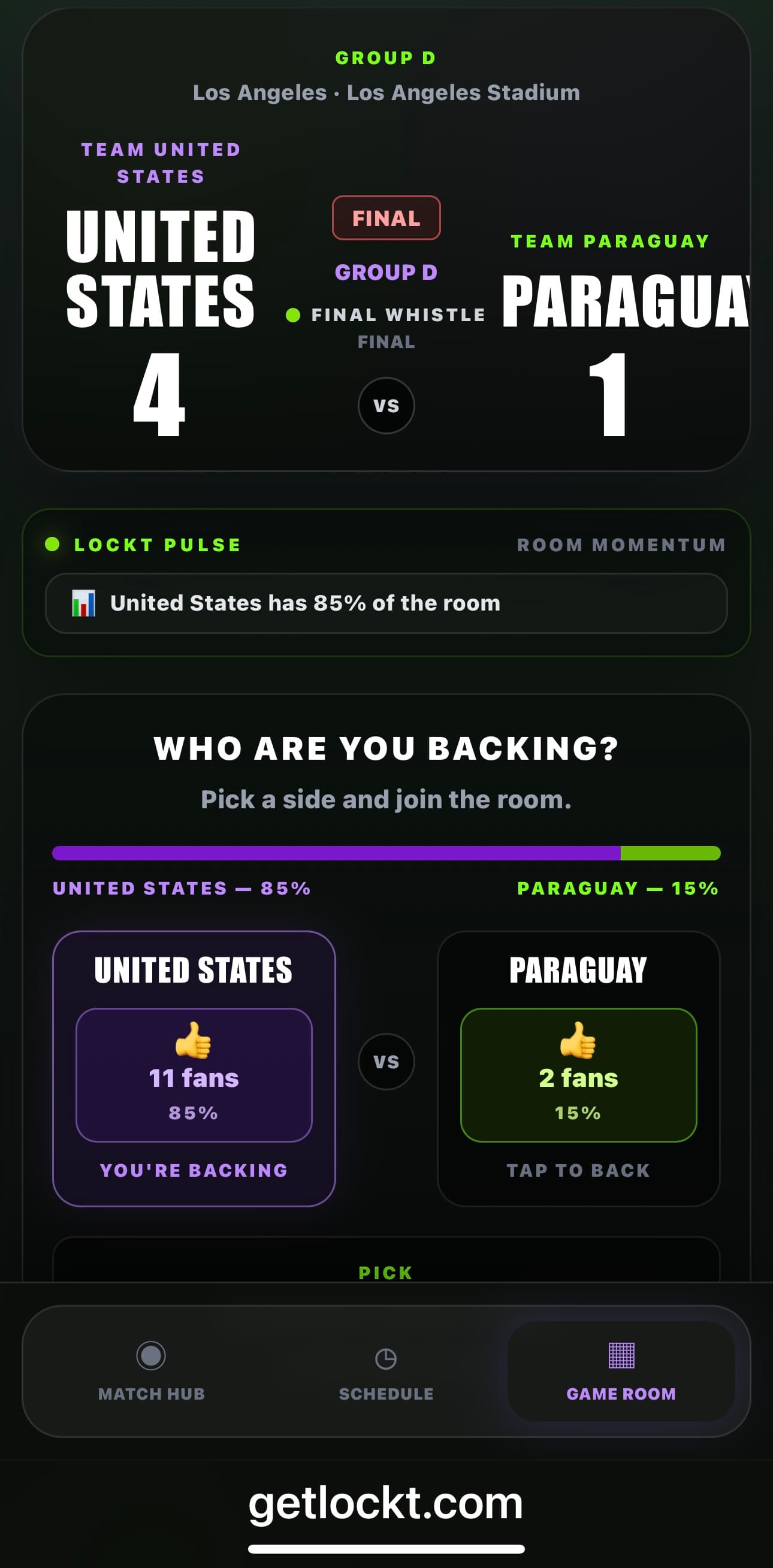 Lockt game room showing United States versus Paraguay with room backing and fan voting