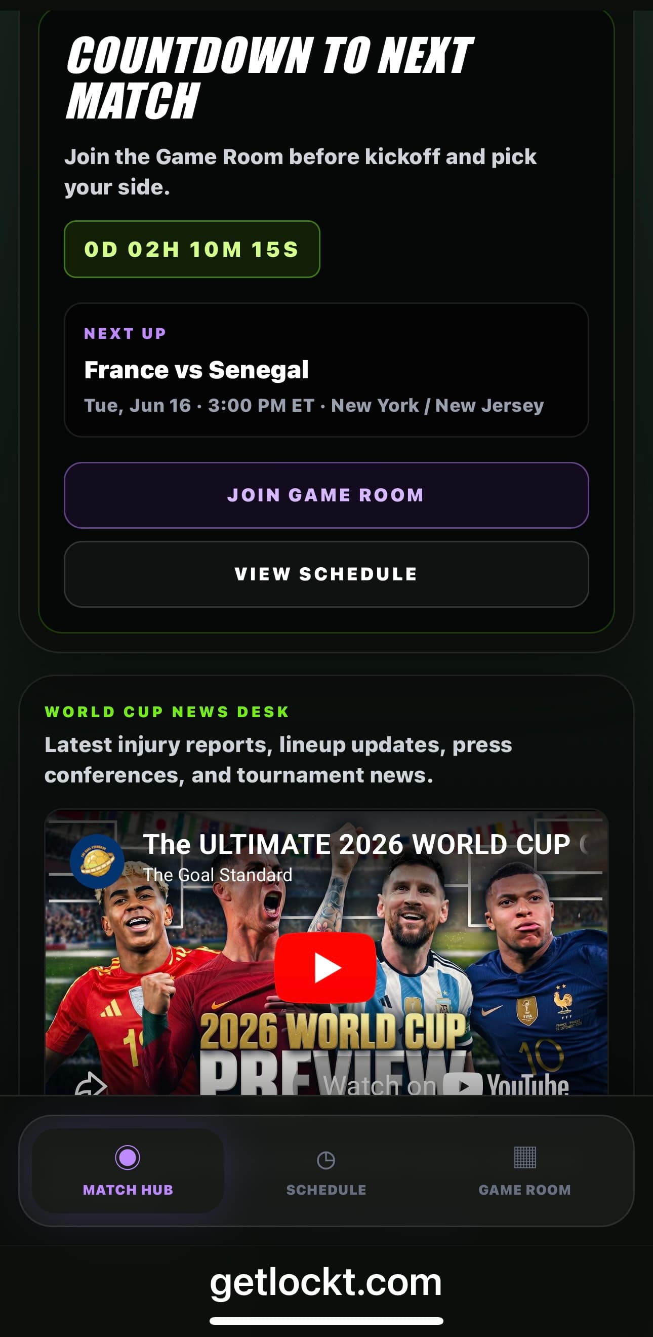 Lockt match hub countdown to the next match with join game room and view schedule actions